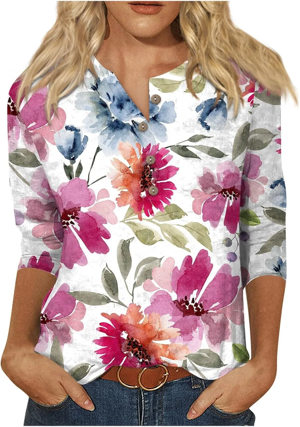 Womens 3/4 Length Sleeve Tops Fashion Casual Button Down Summer Shirts Loose Fit Three Quarter Length Sleeve Blouse