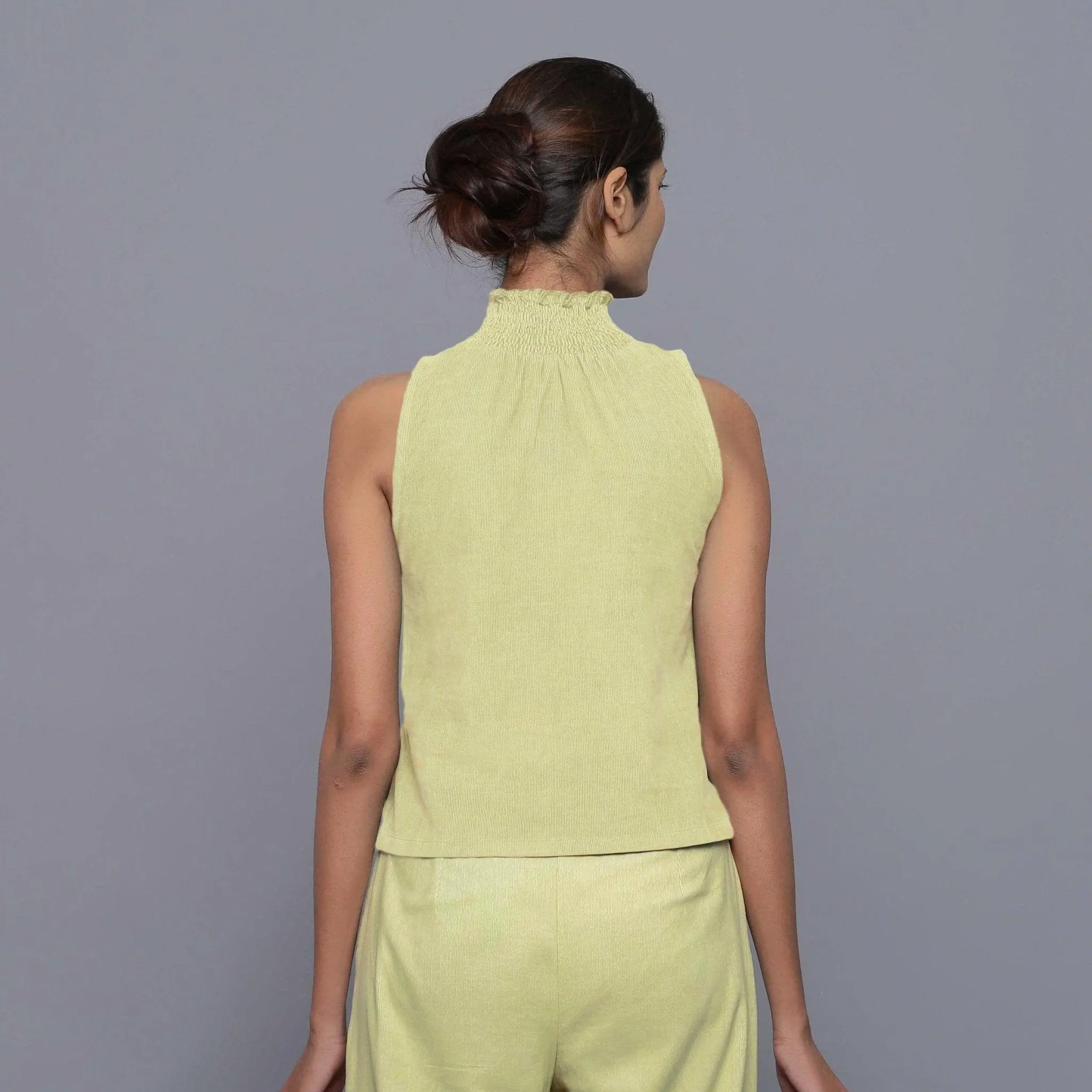 Yellow Pistachio Warm Cotton Corduroy Turtleneck Top