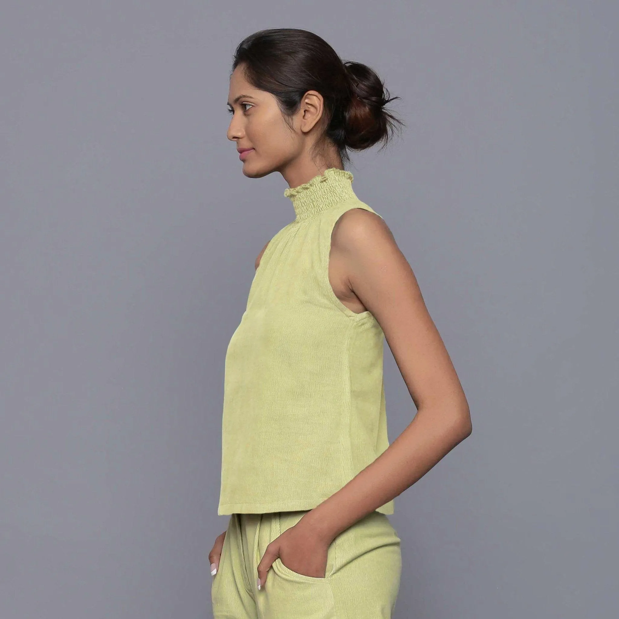 Yellow Pistachio Warm Cotton Corduroy Turtleneck Top