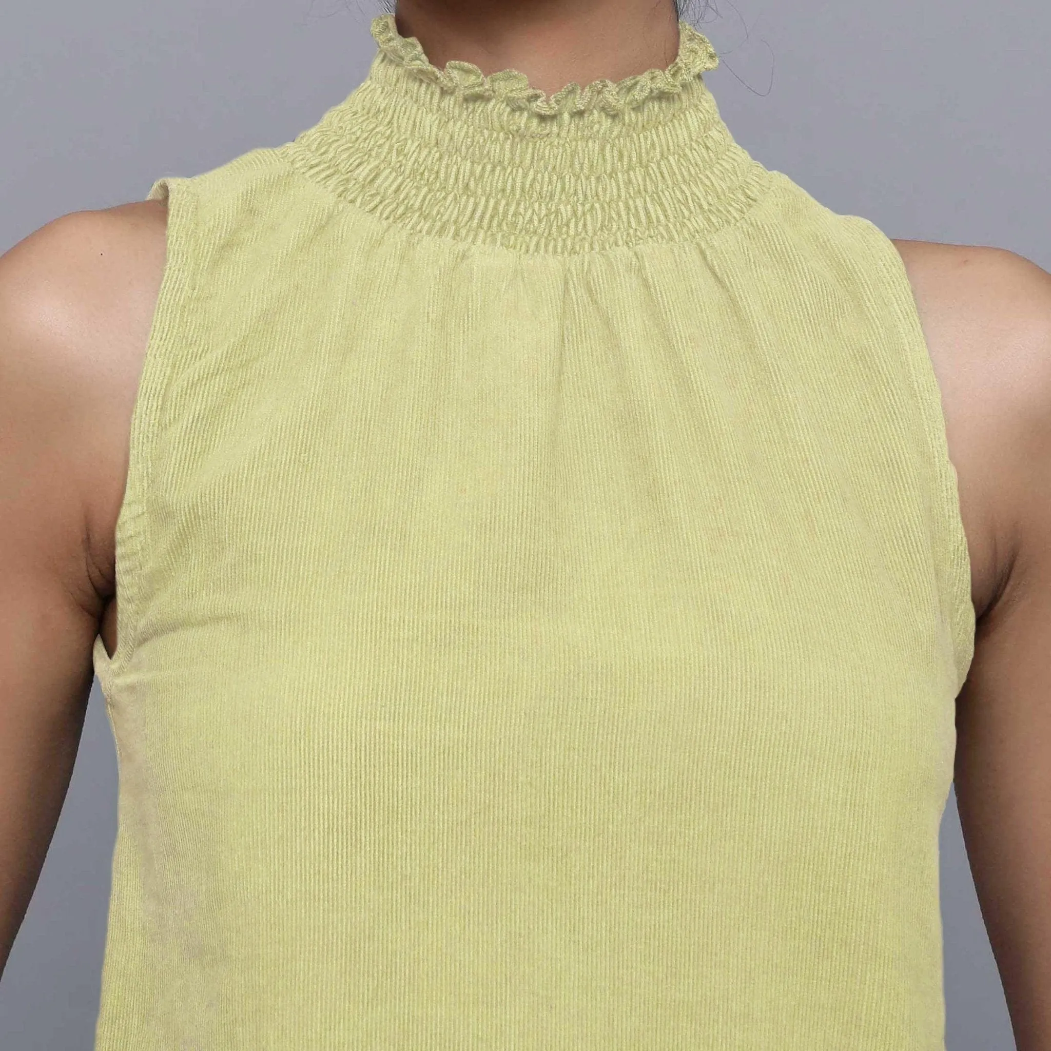 Yellow Pistachio Warm Cotton Corduroy Turtleneck Top