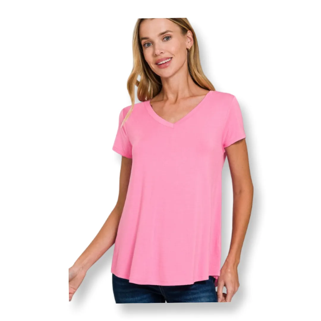 ZEN V Neck Round Hem Tee Pink