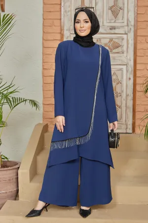 ZRF Women Chain Detailed Tunic Pants Set - Indigo - Reynoldsburg