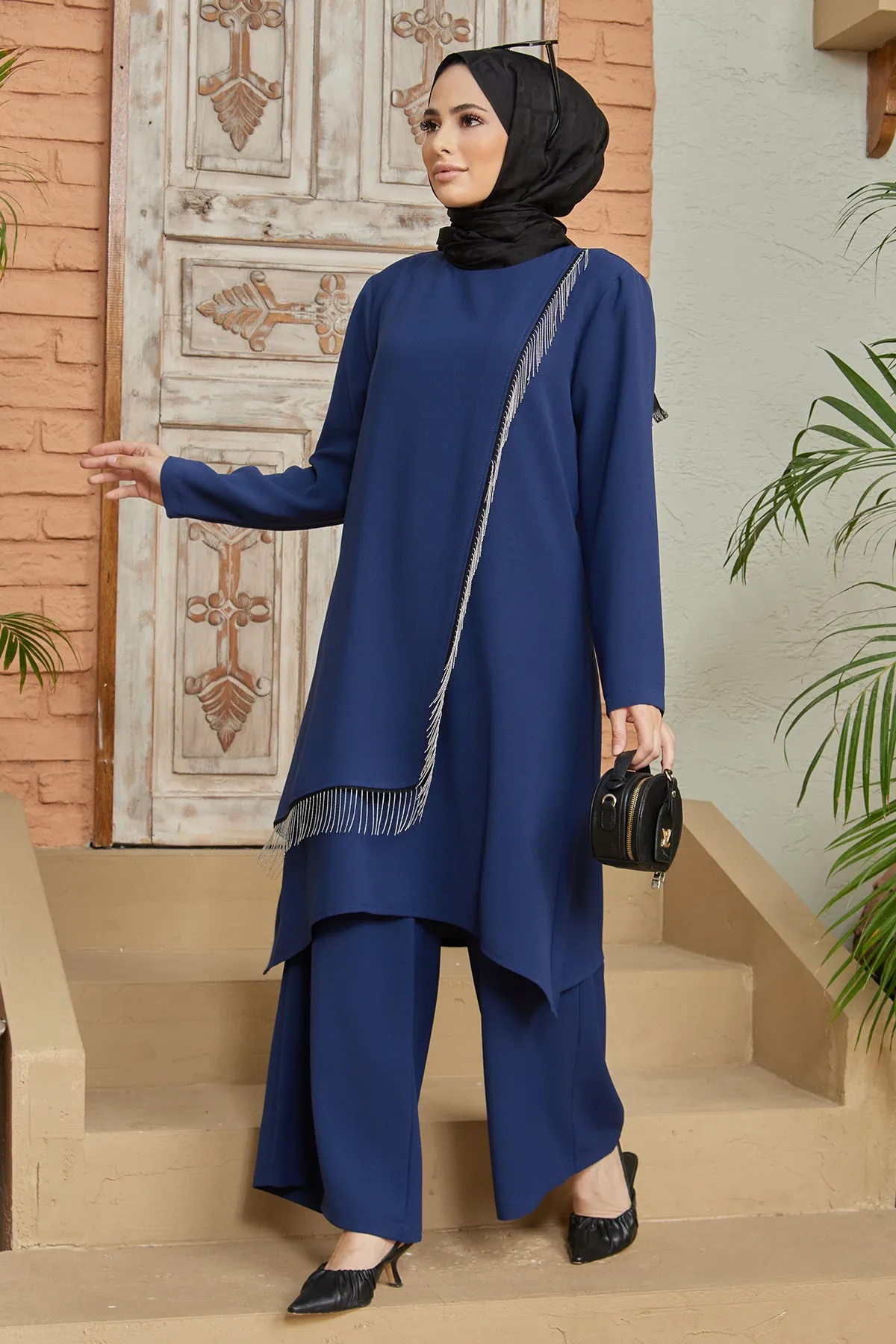 ZRF Women Chain Detailed Tunic Pants Set - Indigo - Reynoldsburg